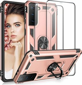 Samsung S21 Roségoud - Armor met Kickstand Ring &amp; 2X Full Glas