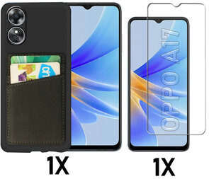 Oppo A17 Zwart - Kaarthouder Charcoal Gray &amp; Glas - Back Cover