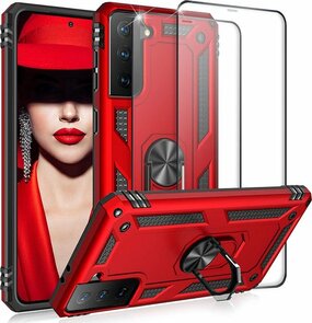 Samsung S21 Rood - Armor met Kickstand Ring &amp; 2X Full Glas