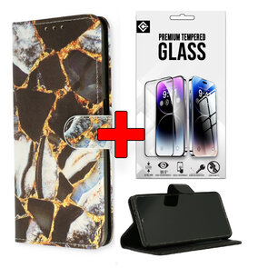 Samsung S25 Ultra - Book Case &amp; Glas - Marmer Zwart