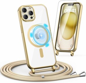iPhone 16 Pro Max - MagSafe TPU met Koord &amp; Glas - Goud