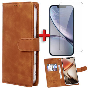 iPhone 16e - Suide Book Case &amp; Glas - Bruin