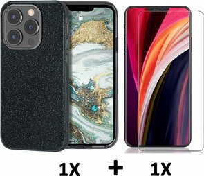 iPhone 13 Pro Max - Glitter Back Cover &amp; Glas - Zwart