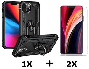 iPhone 15 Plus Zwart &amp; 2X Glas - Armor met Kickstand Ring
