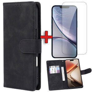 iPhone 16e - Suide Book Case &amp; Glas - Zwart
