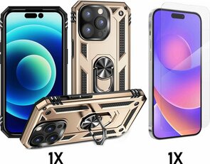 iPhone 14 Pro Max Goud &amp; Glas - Armor met Kickstand Ring