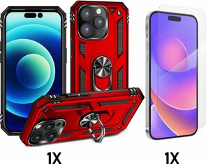 iPhone 14 Pro Rood &amp; Glas - Armor met Kickstand Ring