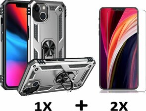 iPhone 13 Mini Grijs &amp; 2X Glas - Armor met Kickstand Ring