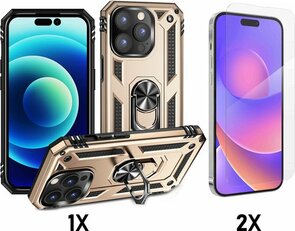 iPhone 14 Pro Goud &amp; 2X Glas - Armor met Kickstand Ring