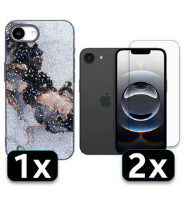 iPhone 16E - Marmer Diamant Glitter &amp; 2x Glas- Grijs