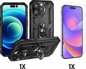 iPhone 14 Pro Zwart &amp; Glas - Armor met Kickstand Ring