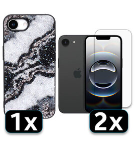 iPhone 16E - Marmer Diamant Glitter &amp; 2x Glas - Zwart