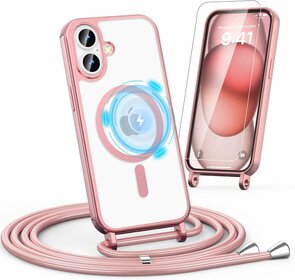 iPhone 16 - MagSafe TPU met Koord &amp; Glas - Roze