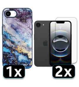 iPhone 16E - Marmer Diamant Glitter &amp; 2x Glas - Blauw