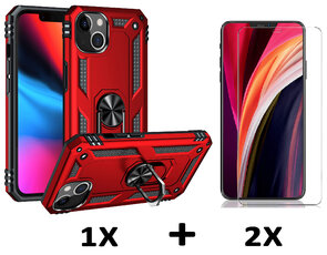 iPhone 15 Plus Rood &amp; 2X Glas - Armor met Kickstand Ring