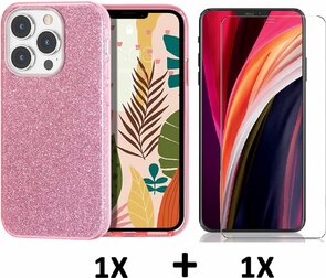 iPhone 13 Pro - Glitter Back Cover &amp; Glas - Roze