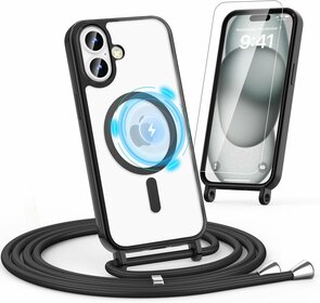 iPhone 16 - MagSafe TPU met Koord &amp; Glas - Zwart