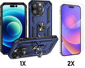 iPhone 15 Pro Blauw &amp; 2X Glas - Armor met Kickstand Ring