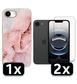 iPhone 16E - Marmer Diamant Glitter &amp; 2x Glas - Roze