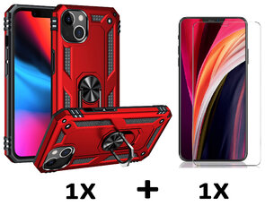 iPhone 15 Plus Rood &amp; Glas - Armor met Kickstand Ring