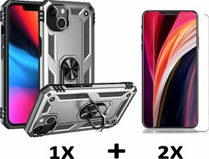 iPhone 14 Grijs &amp; 2X Glas - Armor met Kickstand Ring
