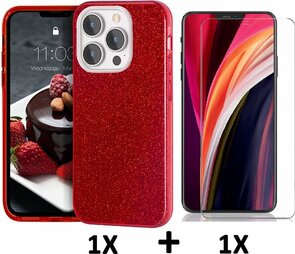 iPhone 13 Pro Max - Glitter Back Cover &amp; Glas - Rood