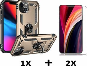 iPhone 13 Mini Goud &amp; 2X Glas - Armor met Kickstand Ring