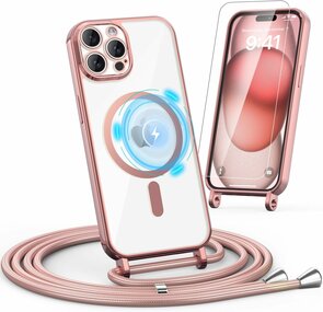 iPhone 16 Pro - MagSafe TPU met Koord &amp; Glas - Roze