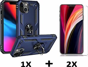 iPhone 13 Mini Blauw &amp; 2X Glas - Armor met Kickstand Ring