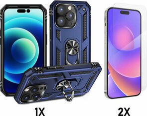 iPhone 14 Pro Blauw &amp; 2X Glas - Armor met Kickstand Ring