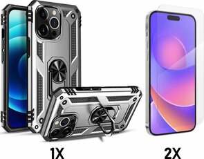 iPhone 14 Pro Max Grijs &amp; 2X Glas - Armor met Kickstand Ring