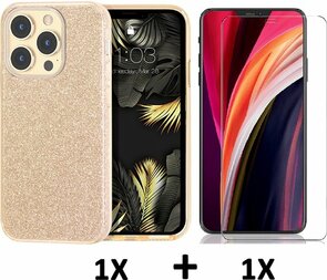 iPhone 13 Pro - Glitter Back Cover &amp; Glas - Goud