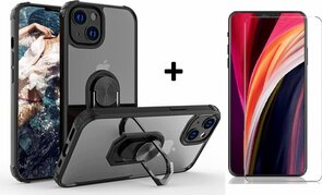 iPhone 13 Mini Zwart &amp; Glas - Anti Shock Kickstand Ring Case