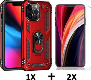 iPhone 13 Pro Rood &amp; 2X Glas - Armor met Kickstand Ring