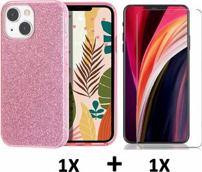 iPhone 13 Mini - Glitter Back Cover &amp; Glas - Roze