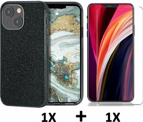 iPhone 13 Mini - Glitter Back Cover &amp; Glas - Zwart