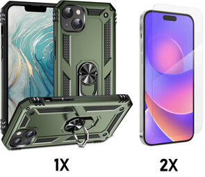iPhone 15 Plus Groen &amp; 2X Glas - Armor met Kickstand Ring