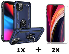 iPhone 15 Plus Blauw &amp; 2X Glas - Armor met Kickstand Ring