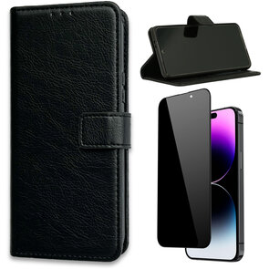 iPhone 15 Pro Max - Book Case &amp; Privacy Glas - Zwart