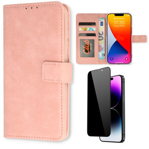 iPhone 15 - Book Case &amp; Privacy Glas - Baby Roze