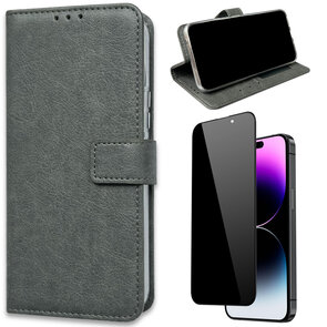 iPhone 15 - Book Case &amp; Privacy Glas - Grijs
