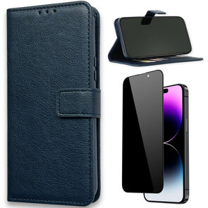 iPhone 15 Pro - Book Case &amp; Privacy Glas - Blauw