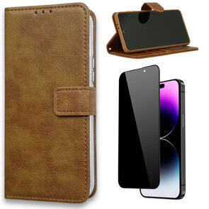 iPhone 15 Plus - Book Case &amp; Privacy Glas - Bruin