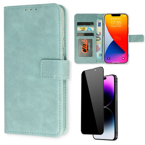 iPhone 15 Plus - Book Case &amp; Privacy Glas - Licht Blauw