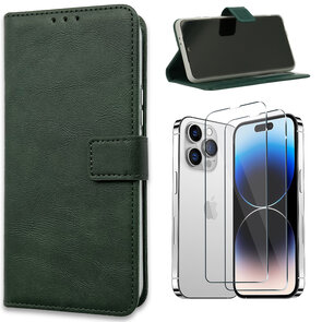 iPhone 15 Plus - Book Case &amp; 2x Glas - Groen