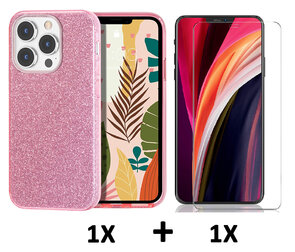 iPhone 14 Pro - Glitter Back Cover &amp; Glas - Roze
