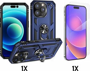 iPhone 14 Pro Max Blauw &amp; Glas - Armor met Kickstand Ring