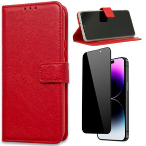 iPhone 15 Pro - Book Case &amp; Privacy Glas - Rood