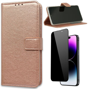 iPhone 15 Plus - Book Case &amp; Privacy Glas - Rosegoud
