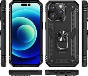 iPhone 14 Pro Zwart &amp; 2X Glas - Armor met Kickstand Ring